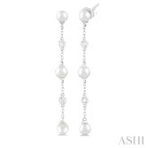 4 MM Round Shape Cultured Pearl and 1/20 Ctw Round Cut Diamond Station Long Earring in 14K White Gold