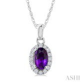 5x3 MM Oval Shape Amethyst and 1/20 Ctw Round Cut Diamond Halo Semi-Precious Pendant with Chain in 14K White Gold