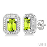 6X4 MM Octagon Shape Peridot and 1/50 Ctw Round Cut Diamond Semi-Precious Earrings in Sterling Silver
