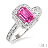 7X5 MM Octagon Shape Lab-Created Pink Sapphire and 1/50 Ctw Round Cut Diamond Precious Ring in Sterling Silver