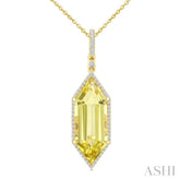 22X8 MM Evoque Gemstones Hexagon Shape Lemon Quartz and 1/4 Ctw Round Cut Diamond Semi-Precious Pendant With Chain in 14K Yellow Gold
