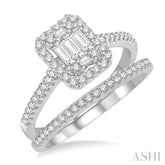 1 Ctw Baguette and Round Cut Diamond Bridal Set With 7/8 Ctw Emerald Shape Engagement Ring and 1/6 Ctw Wedding Band in 14K White Gold