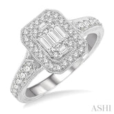 5/8 Ctw Octagonal Shape Round Cut and Baguette Diamond Ring in 14K White Gold