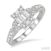 1/2 Ctw Carved Shank Fusion Baguette and Round Cut Diamond Engagement Ring in 14K White Gold