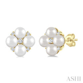 4 MM Round Shape Floral Cultured Pearls and 1/10 Ctw Round Cut Diamond Fashion Stud Earring in 10K Yellow Gold