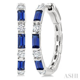 4X2 MM Baguette Cut Sapphire and 1/3 Ctw Art Deco Round Cut Diamond Precious Hoop Earring in 14K White Gold