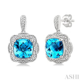 8X8 MM Cushion Shape Blue Topaz and 1/20 Ctw Round Cut Diamond Semi-Precious Earring in Sterling Silver