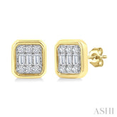 1/5 Ctw Petite Bezel Set Emerald Shape Fusion Baguette and Round Cut Diamond Fashion Stud Earring in 10K Yellow Gold