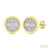 1/5 Ctw Petite Bezel Set Round Shape Fusion Baguette and Round Cut Diamond Fashion Stud Earring in 10K Yellow Gold