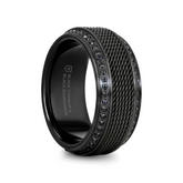 KNIGHT Steel Chain Black Titanium Wedding Ring Polished Beveled Edges Set with Round Black Diamonds - 10mm