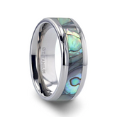 KAUI Titanium Polished Finish Mother Of Pearl Inlaid Men’s Beveled Wedding Band - 6mm & 8mm