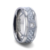 MAYBACH Light Gray Carbon Fiber Titanium Men's Wedding Band with White Diamond In The Squared Center Setting And Polished Beveled Edges - 8mm