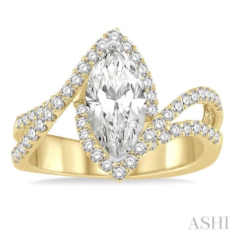 5/8 Ctw Marquise Center Bypass Shank Semi-Mount Round Cut Diamond Ring in 14K Yellow and White Gold