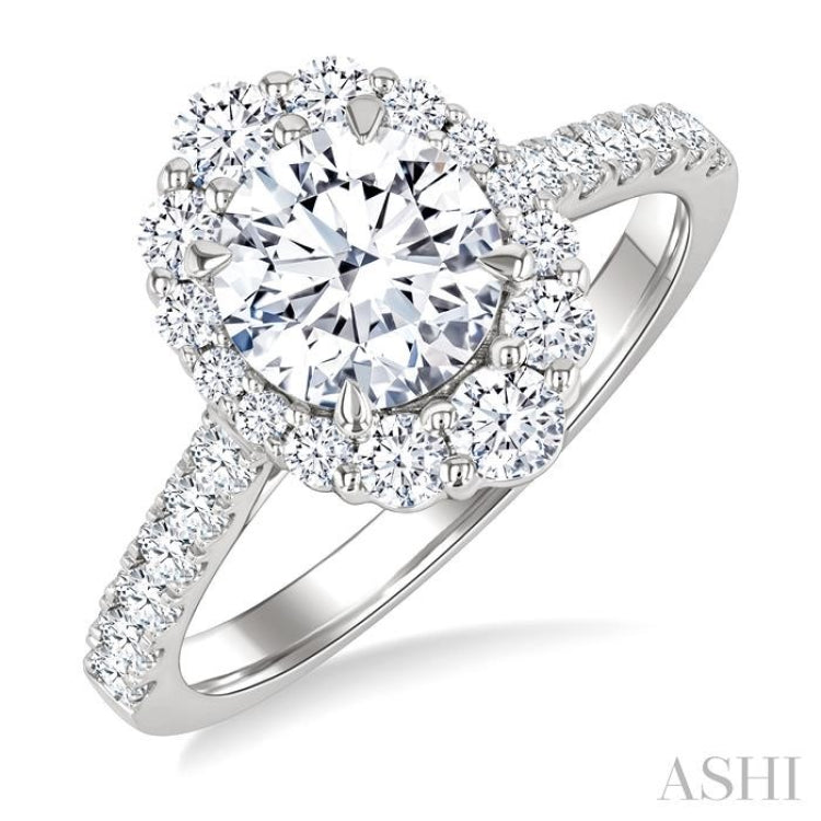 3/4 Ctw Scalloped Oval Centerpiece Circular Shape Round Cut Diamond Semi-Mount Engagement Ring in 14K White Gold