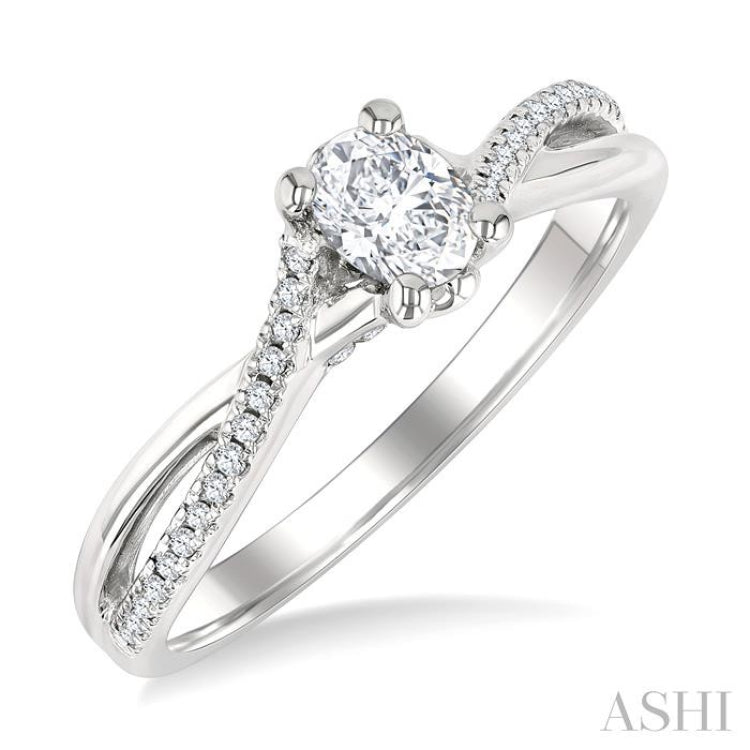 1/2 Ctw Split Criss Cross Shank Round Cut Diamond Engagement Ring With 1/3 Ct Oval Cut Diamond Center Stone in 14K White Gold
