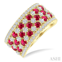2.4 MM Fretwork Ruby and 1 1/3 Ctw Round Cut Diamond Precious Band in 14K Yellow Gold