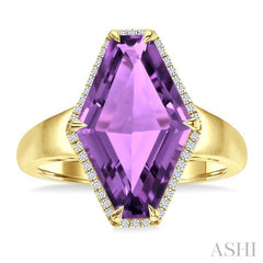 16X10 MM Evoque Gemstones Hexagon Shape Amethyst and 1/10 Ctw Round Cut Diamond Halo Semi-Precious Ring in 14K Yellow Gold