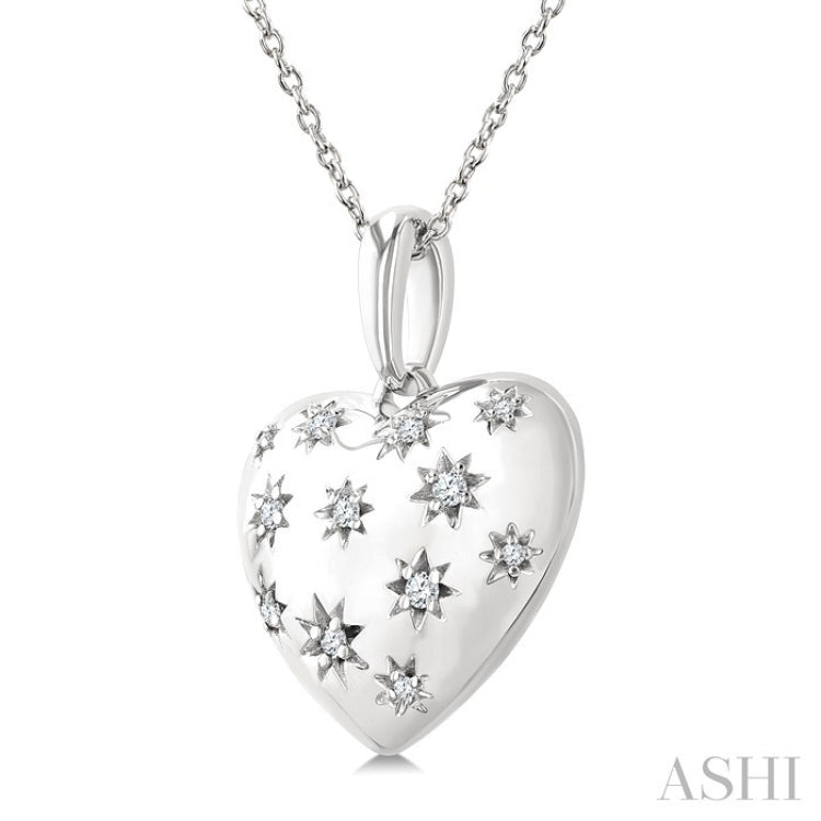 1/10 Ctw Bold Star Engraved Puffed Heart Round Cut Diamond Pendant With Chain in Sterling Silver
