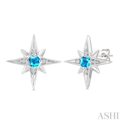 3 MM Round Cut Blue Topaz and 1/20 Ctw Round Cut Diamond Semi-Precious Fashion Earrings in Sterling Silver