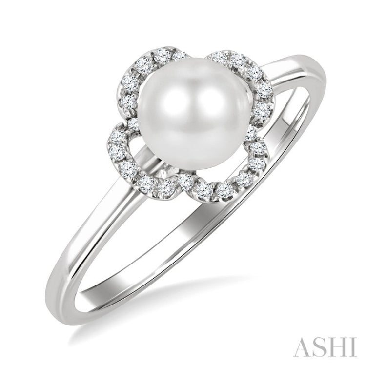 6 MM Cultured Pearl and 1/10 Ctw Round Cut Diamond Clover Petite Fashion Ring in 10K White Gold