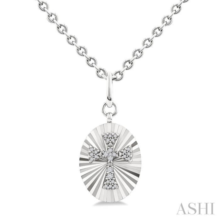 1/10 Ctw Oval Fluted Medallion Round Cut Diamond Pirouette Cross Pendant With Chain in Sterling Silver