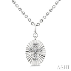1/10 Ctw Oval Fluted Medallion Round Cut Diamond Pirouette Cross Pendant With Chain in Sterling Silver