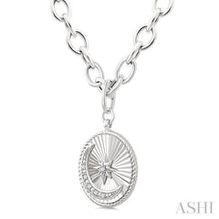 1/20 Ctw Circle Fluted Medallion Round Cut Diamond Pirouette Moon & Star Fashion Pendant With Chain in Sterling Silver