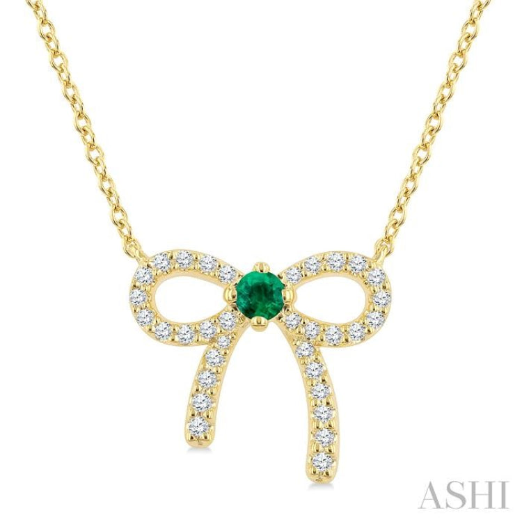 2.40 MM Round Shape Emerald and 1/8 Ctw Bow Round Cut Diamond Fashion Pendant With Chain in 10k Yellow Gold
