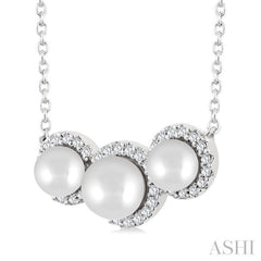 5 MM & 4 MM Cultured Pearl and 1/6 Ctw Round Cut Diamond Halo Pendant With Chain in 14K White Gold