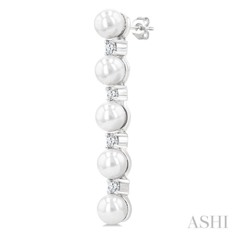 4MM Cultured Pearl and 1/4 Ctw Round Cut Diamond Fashion Earrings in 14K White Gold