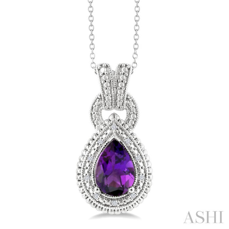 10X7 MM Pear Cut Amethyst and 1/20 Ctw Round Cut Diamond Semi-Precious Pendant With Chain in Sterling Silver