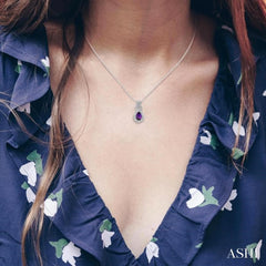 10X7 MM Pear Cut Amethyst and 1/20 Ctw Round Cut Diamond Semi-Precious Pendant With Chain in Sterling Silver