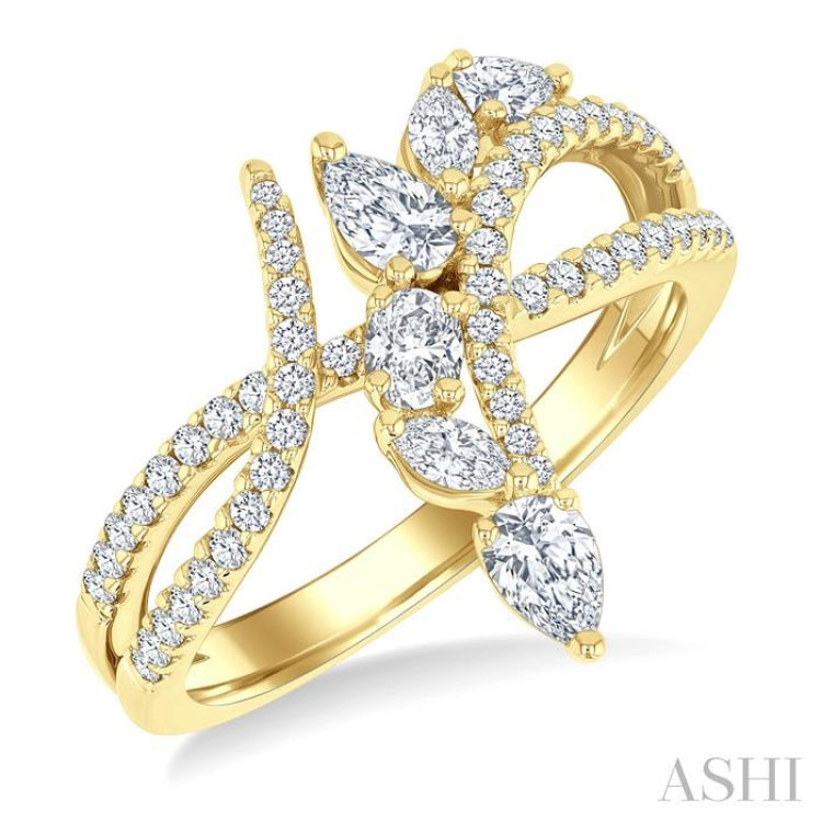 7/8 Ctw Split Bypass Shank Mixed Diamond Cut Fashion Ring in 14K Yellow Gold