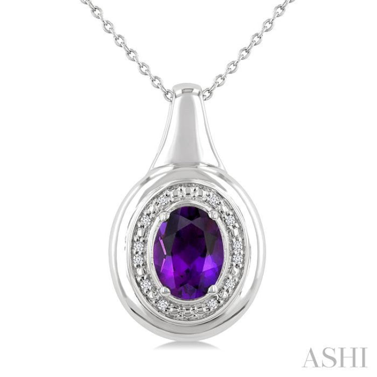 8X6 MM Oval Shape Amethyst and 1/20 Ctw Round Cut Diamond Semi-precious Pendant With Chain in Sterling Silver