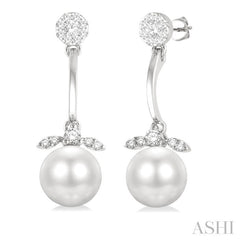 7 MM Cultured White Pearl and 1/4 Ctw Lovebright Round Cut Diamond Fashion Earrings in 14K White Gold