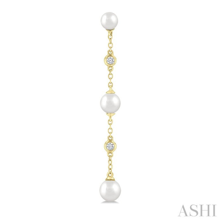 4 MM, 5 MM & 6 MM Round Shape Cultured Pearls and 1/10 Ctw Round Cut Diamond Station Long Earring in 14K Yellow Gold