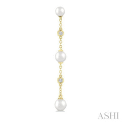 4 MM, 5 MM & 6 MM Round Shape Cultured Pearls and 1/10 Ctw Round Cut Diamond Station Long Earring in 14K Yellow Gold