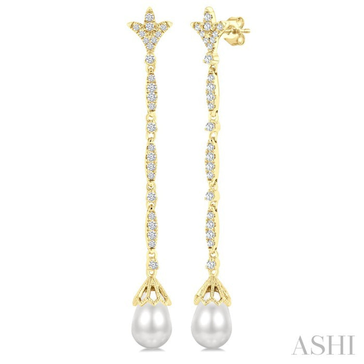 9X7 MM Marquise Link Teardrop Cultured Pearl and 1/2 Ctw Round Cut Diamond Long Earring in 14K Yellow Gold