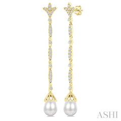 9X7 MM Marquise Link Teardrop Cultured Pearl and 1/2 Ctw Round Cut Diamond Long Earring in 14K Yellow Gold