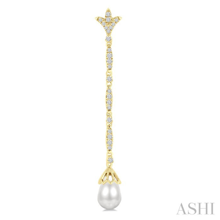 9X7 MM Marquise Link Teardrop Cultured Pearl and 1/2 Ctw Round Cut Diamond Long Earring in 14K Yellow Gold