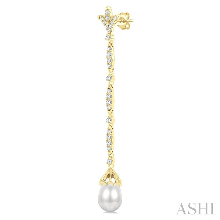 9X7 MM Marquise Link Teardrop Cultured Pearl and 1/2 Ctw Round Cut Diamond Long Earring in 14K Yellow Gold