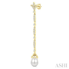 9X7 MM Marquise Link Teardrop Cultured Pearl and 1/2 Ctw Round Cut Diamond Long Earring in 14K Yellow Gold