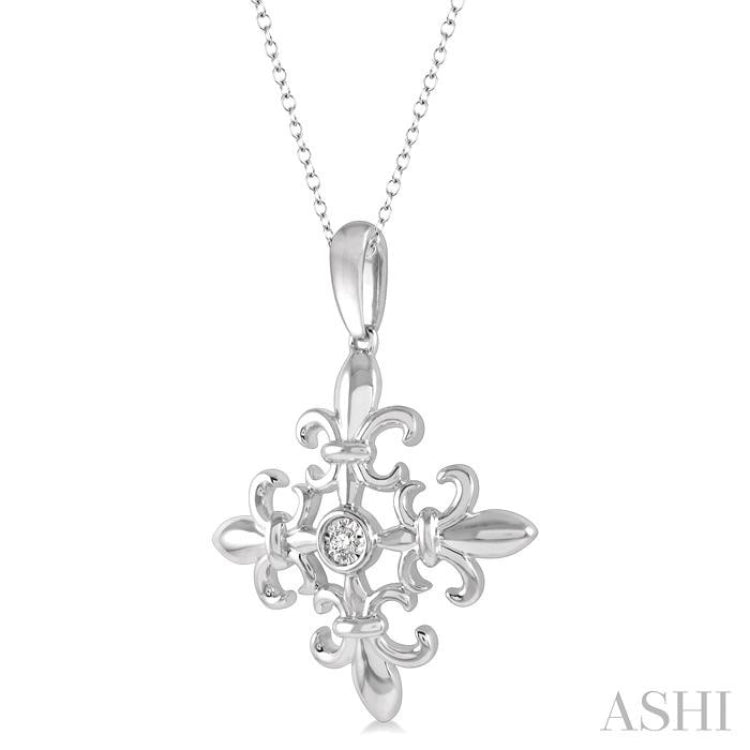 1/50 Ctw Fleur De Lis Round Cut Diamond Pendant With Chain in Sterling Silver