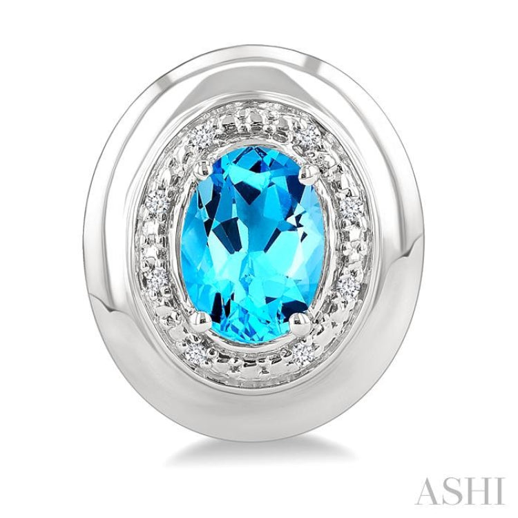 7X5 MM Oval Shape Blue Topaz and 1/20 Ctw Round Cut Diamond Semi-Precious Earrings in Sterling Silver