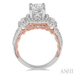 5/8 Ctw Cushion Shape Semi-Mount Baguette and Round Cut Diamond Engagement Ring in 14K White and Rose Gold