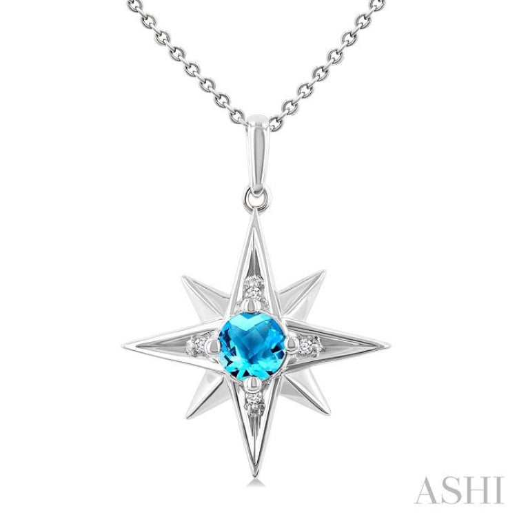 5 MM Round Cut Blue Topaz and 1/20 Ctw Round Cut Diamond Semi-Precious Fashion Pendant With Chain in Sterling Silver