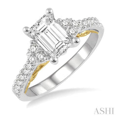 1/3 Ctw Tri Mount Emerald Shape Round Cut Diamond Semi-Mount Engagement Ring in 14K White and Yellow Gold