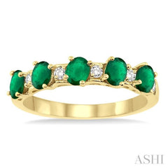 4x3 MM Oval Shape Emerald and 1/6 Ctw Round Cut Diamond Precious Band in 14K Yellow Gold