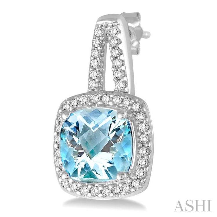 7x7 MM Cushion Shape Aquamarine and 1/4 Ctw Round Cut Diamond Earrings in 10K White Gold