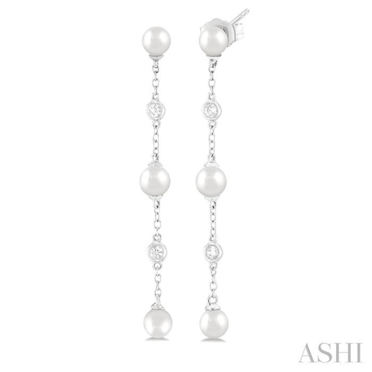 4 MM Round Shape Cultured Pearl and 1/20 Ctw Round Cut Diamond Station Long Earring in 14K White Gold